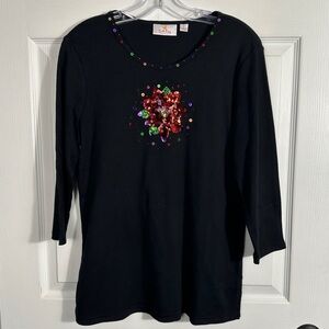 Quacker Factory size small top, poinsettia, sequins, holiday, cotton, sparkle